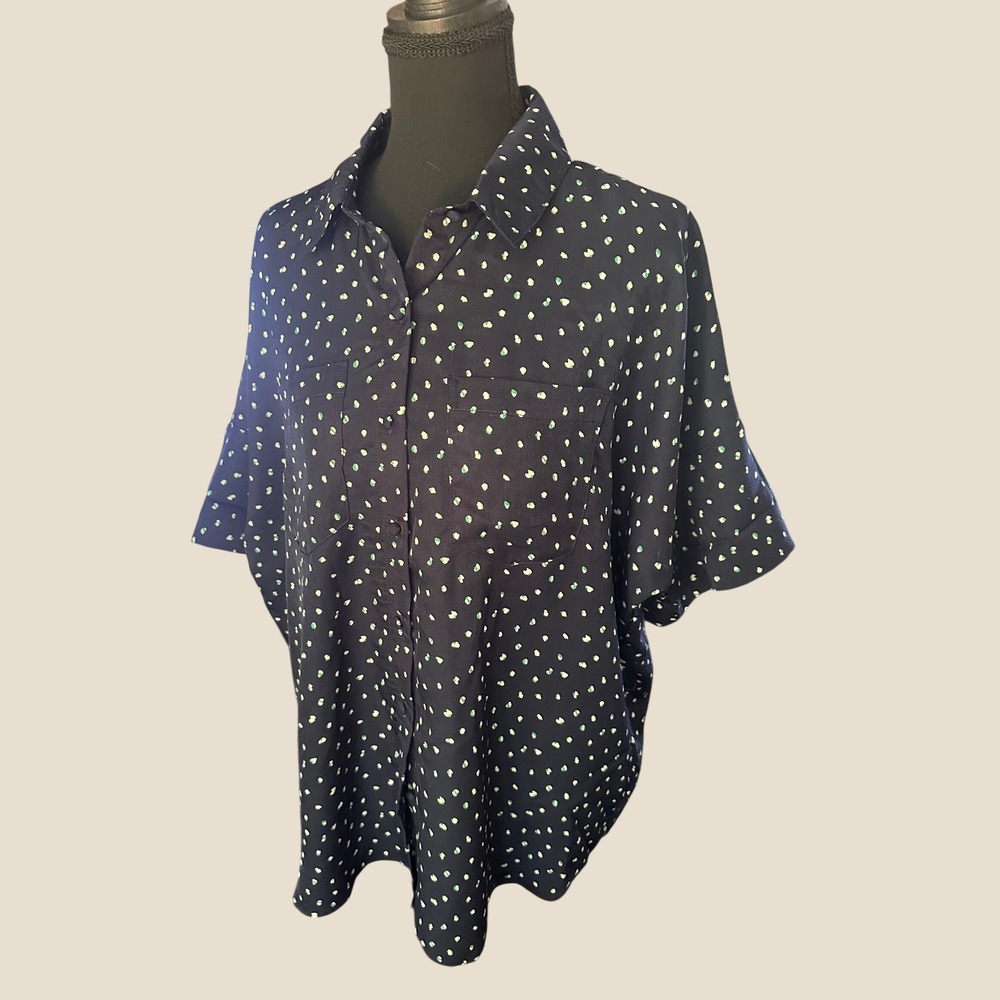 OAT New York Navy Cocoon Short Sleeve Button Down Shirt Medium oversized